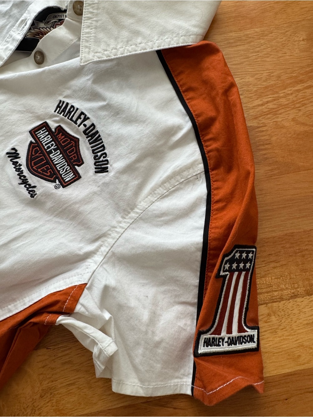 Harley-Davidson White and Orange Short Sleeve Button-Down Shirt - Picture 2 of 4